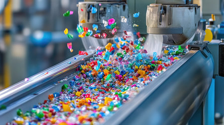 Close-up of machines refining plastic waste in a clean, sustainable manufacturing facilityの素材
