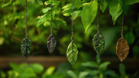 Organic-inspired polymer clay jewelry with leaf imprints hanging against lush green and brown foliageの素材