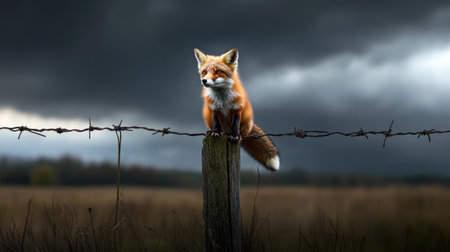Sly fox on a rural fence, amber eyes locked on something in the distance under moody skiesの素材