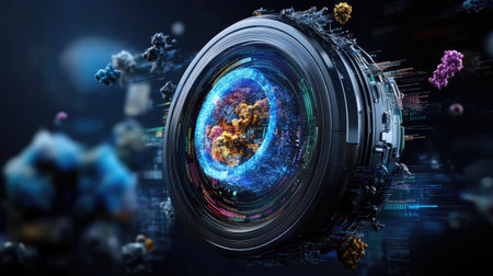 Holographic screen showing AI identifying complaint clusters, futuristic blue-toned visuals and data flowsの素材