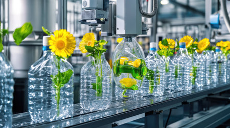 Eco-machinery on factory floor turning plastic bottles into durable goods, zero emissions visibleの素材