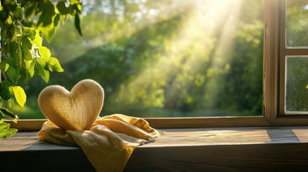 Scarf heart on a window sill with sunlight beaming in, symbol of affection and comfortの素材