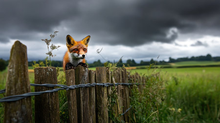 Sly fox on a rural fence, amber eyes locked on something in the distance under moody skiesの素材