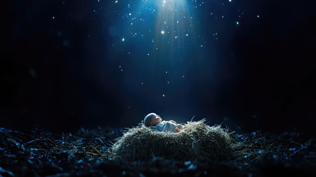Manger scene with baby Jesus bathed in gentle star glow against dark celestial backgroundの素材