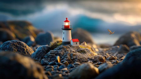 Small lighthouse model with red roof perched on textured rocks, ocean waves blurred in the backgroundの素材