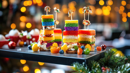 Holiday-themed catering platter with rainbow-colored sandwich bites, warm bokeh creating seasonal ambianceの素材