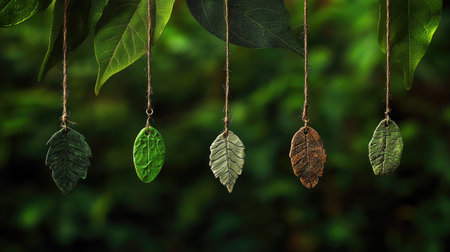 Organic-inspired polymer clay jewelry with leaf imprints hanging against lush green and brown foliageの素材