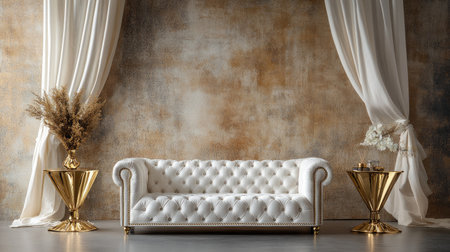 Velvet tufted couch styled with gold accents, draped curtains in similar tones, textured wall softly litの素材
