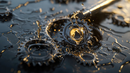 Shiny mechanical gear coated in oil, captured mid-motion with splashes and glimmerの素材