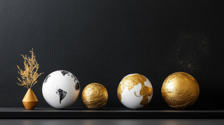 Sleek gold and white globe sculptures sit on matte black surface in minimalist compositionの素材