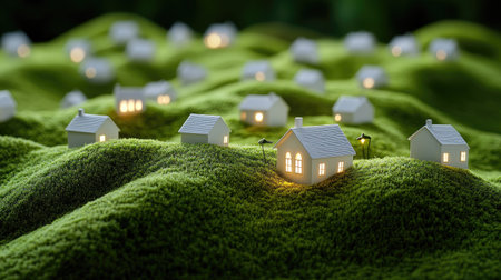 Small white model houses nestled in a rolling green landscape with gentle lightingの素材