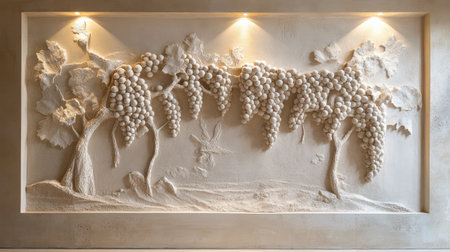 Subtle 3D vineyard scene carved into beige plaster wall with soft lightingの素材