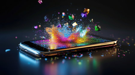 Smartphone displaying animated particles in glowing colors on dark modern interfaceの素材
