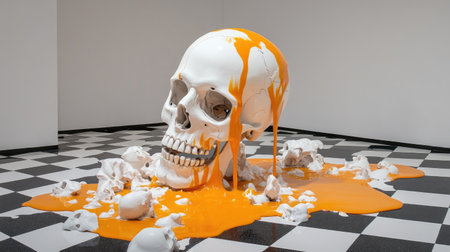 Surreal sculpture of a skull melting in orange and white tones over a black-and-white checkered floorの素材