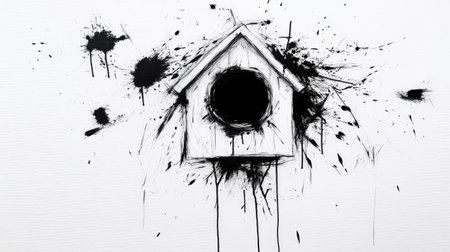 Stylized birdhouse sketch with black ink drips and splashes on clean white canvasの素材