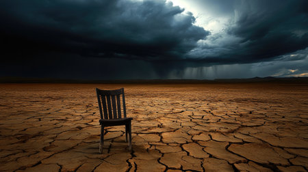 Solitary chair sits on cracked, dry desert floor beneath a looming storm-filled skyの素材