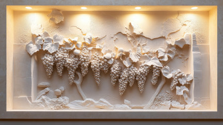 Subtle 3D vineyard scene carved into beige plaster wall with soft lightingの素材