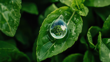 A crystal-clear water drop containing Earth, resting on a green leaf, symbolizing sustainability and careの素材