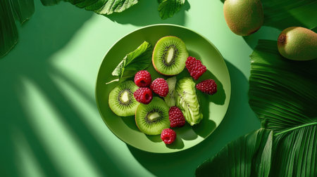Creative healthy food photo of berries and kiwi on plate with nature-inspired layoutの素材