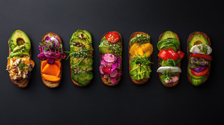 Artistic overhead view of vibrant avocado toast styles with diverse fresh toppingsの素材