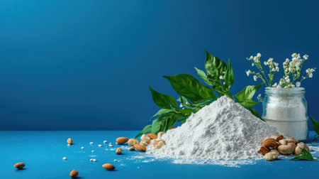 Artisan food setup: flour with decorative leaves and nuts over soft blue baseの素材