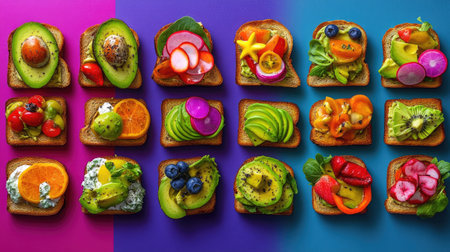 Artistic overhead view of vibrant avocado toast styles with diverse fresh toppingsの素材