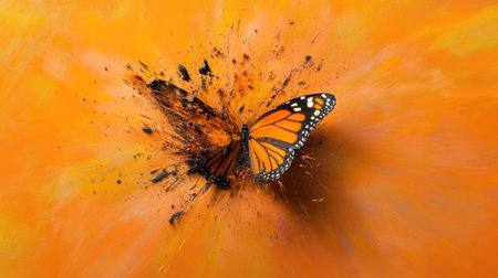 Close-up of monarch butterfly in motion, vibrant wings flapping in dreamy orange hazeの素材