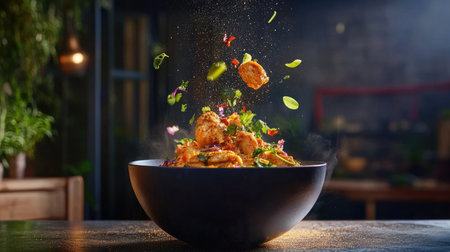 Authentic coconut curry with golden chicken, fresh herbs floating on topの素材