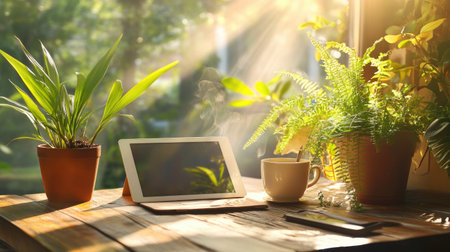 Bright morning scene with tablet, potted plant, and cup on textured wood tabletopの素材
