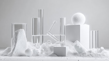 Clean scientific setup with white chemical powder and geometric glass shapesの素材