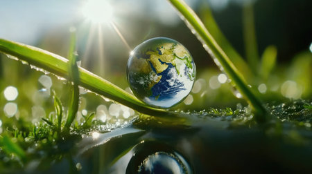 Close-up of a droplet reflecting Earth suspended on a blade of grass, promoting environmental awarenessの素材