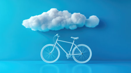 Clean design aesthetic: white bicycle with floating cloud on vibrant blue backdropの素材