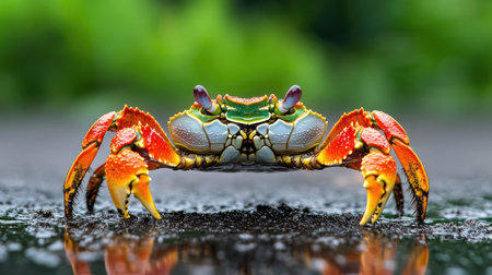 Close-up of crab with textured shell on wet dark sand, soft green bokeh behindの素材