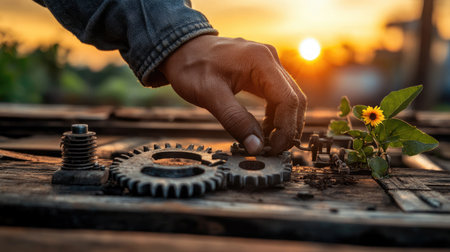 Close-up of hand with industrial gear, wooden base and orange sunsetの素材