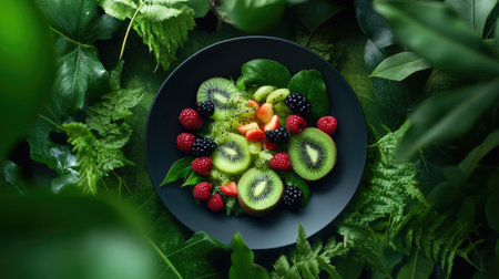 Close-up of vibrant fruit plate with kiwi and berries framed by natural foliageの素材