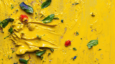 Close-up of creamy curry with vibrant colors, herbs, and thick textureの素材