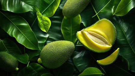 Close-up of jackfruit spiky surface with fresh leaves for contrast and detailの素材
