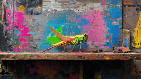 Color-splashed grasshopper caught in still moment atop aged wooden slabの素材