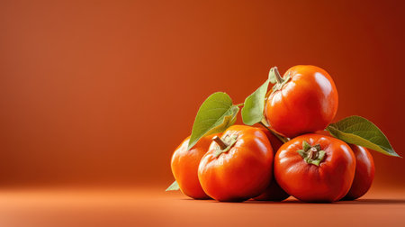 Close-up of a group of persimmons with leaves on a minimal warm backgroundの素材