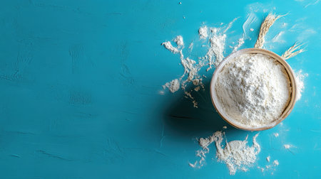Close-up of flour bowl with natural accents on vibrant blue backgroundの素材