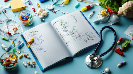 Clinical flat lay featuring stethoscope and healthcare journal with diagnostic chartの素材