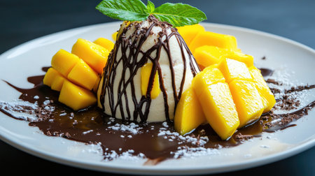 Creamy dessert plated with glossy chocolate and fresh mango slicesの素材