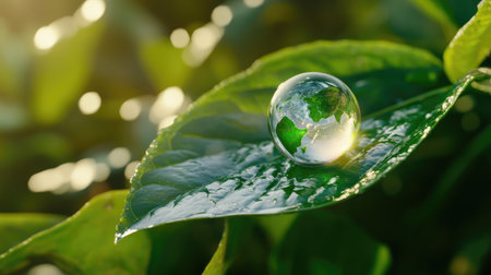 Conceptual image of a transparent droplet forming Earth on a bright green leaf, calling for ecological actionの素材