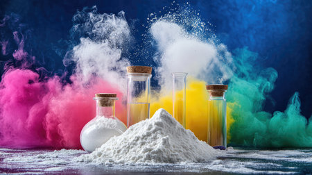 Experimental still life with white powder and colored background in lab themeの素材