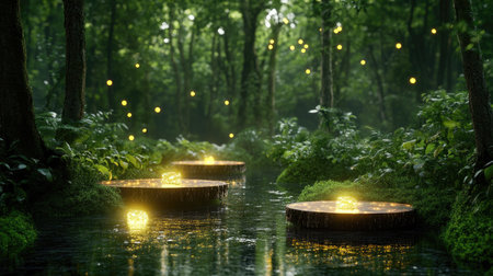 Floating natural platforms glowing in mystical, green woodland environmentの素材