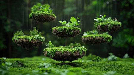 Fantasy forest with floating moss islands above lush green groundの素材