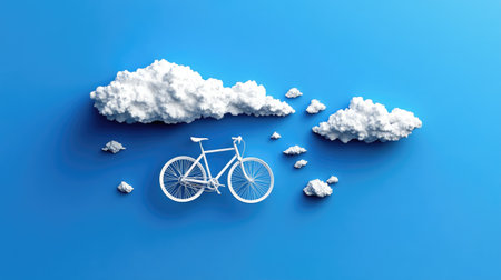 Contemporary graphic of a white bike and cloud combo over solid blueの素材