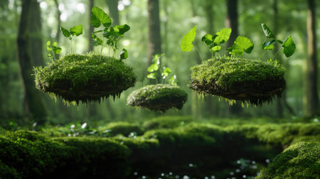 Elevated forest elements: floating moss patches in deep green forestの素材