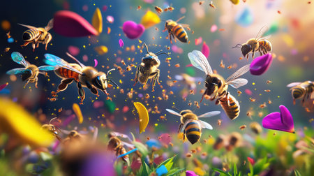 Energetic swarm of bees dancing across a vibrant nature backdropの素材
