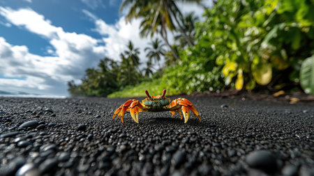 Crab in sharp detail on black beach with blurred green foliage in backgroundの素材